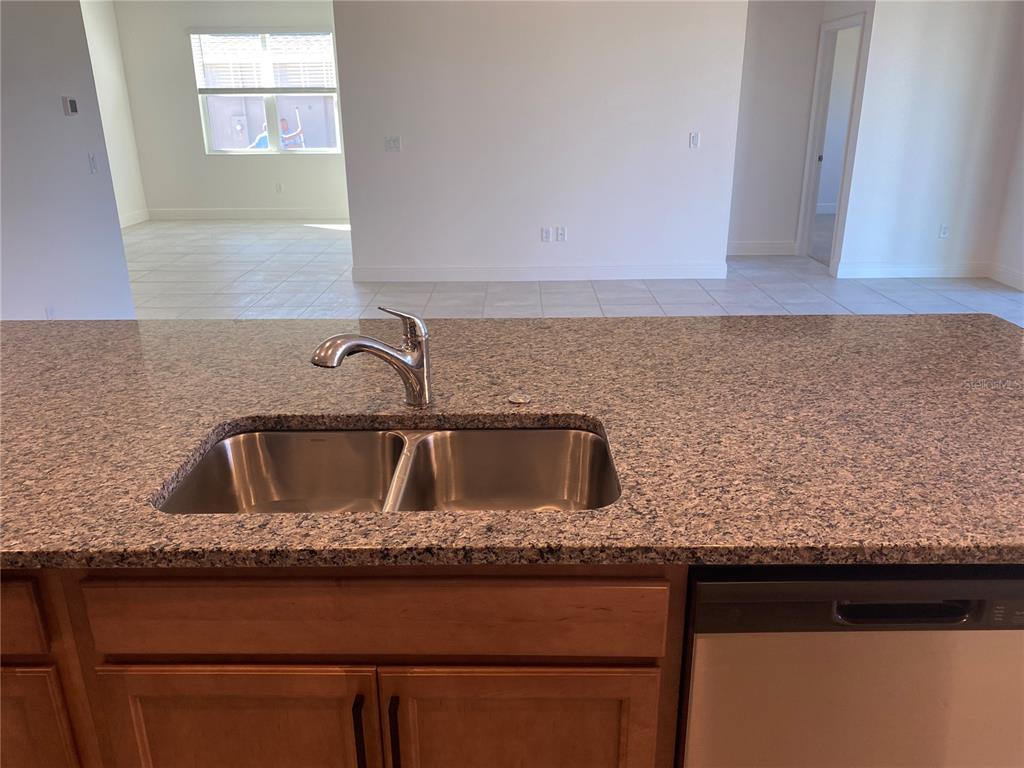 A kitchen island features a stainless steel double-basin sink, chrome faucet, and granite countertop — 4842 GILDED JEWEL DRIVE, MOUNT DORA, FL
