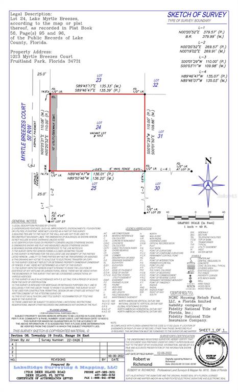 This is a survey map showing the boundary lines and dimensions of a vacant lot — 1013 MYRTLE BREEZES COURT, FRUITLAND PARK, FL