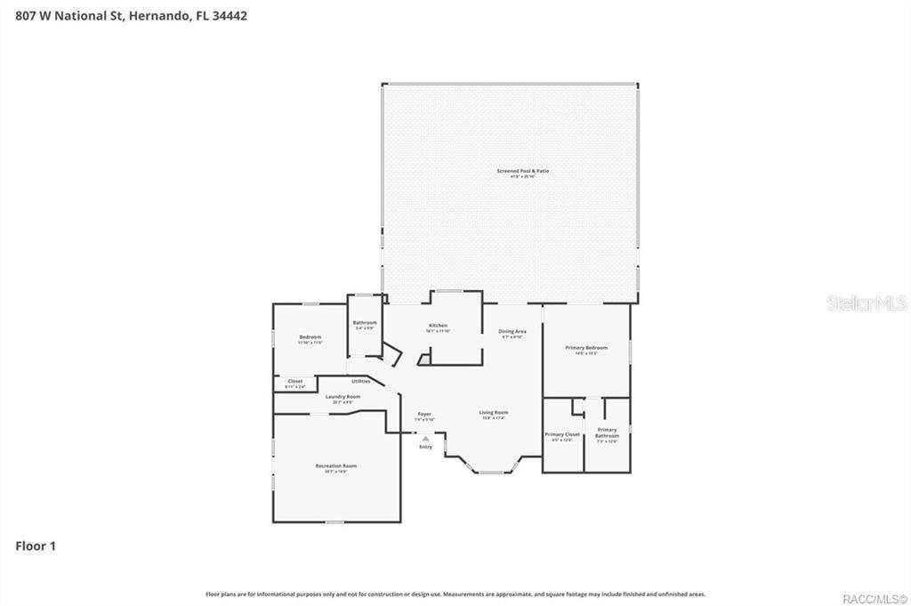 This is a floor plan for a single-story house featuring a large screened pool area — 807 W NATIONAL STREET, HERNANDO, FL