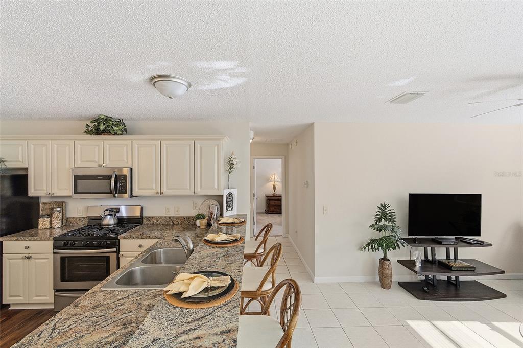 A kitchen with granite countertops and light cabinets overlooks a tiled living area with television — 2343 PINE RIDGE STREET, THE VILLAGES, FL
