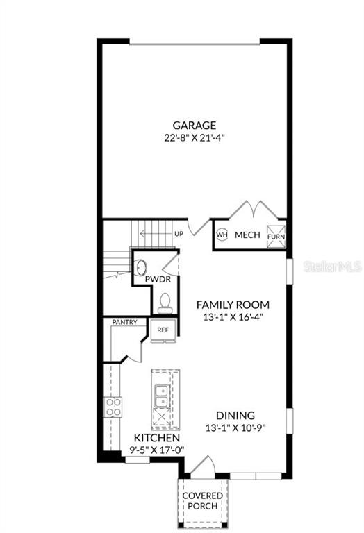 This is a floor plan showing a garage, kitchen, dining area, family room, and covered porch — 4712 INNER WORLD LANE, WESLEY CHAPEL, FL