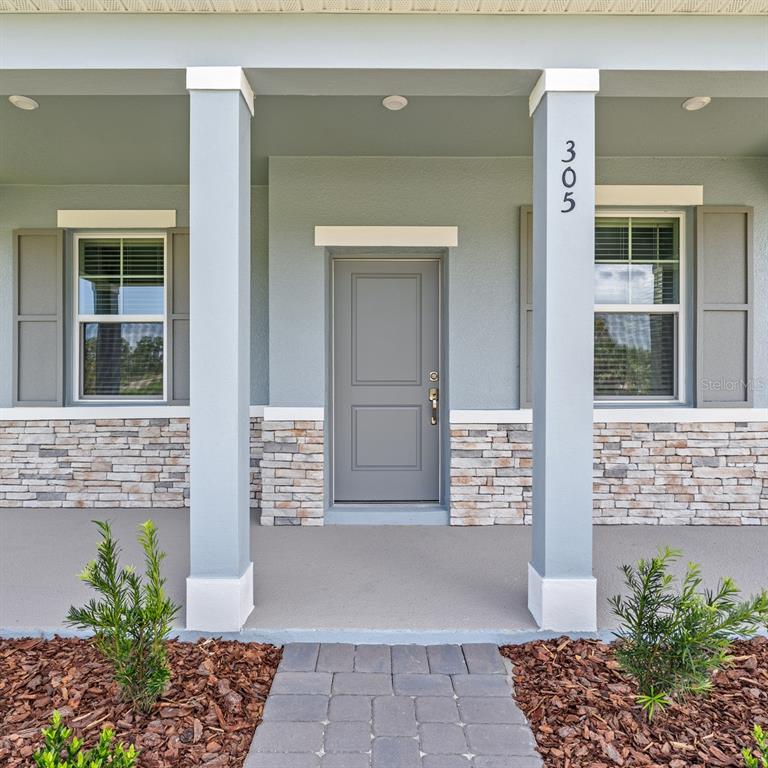 The front exterior of a house features a gray door, stone siding, and two columns — 4712 INNER WORLD LANE, WESLEY CHAPEL, FL