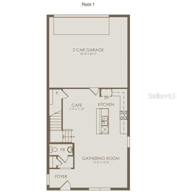 This floor plan shows a first level with a two-car garage, kitchen, cafe, and gathering room — 10939 HEATHER HAVEN STREET, ORLANDO, FL