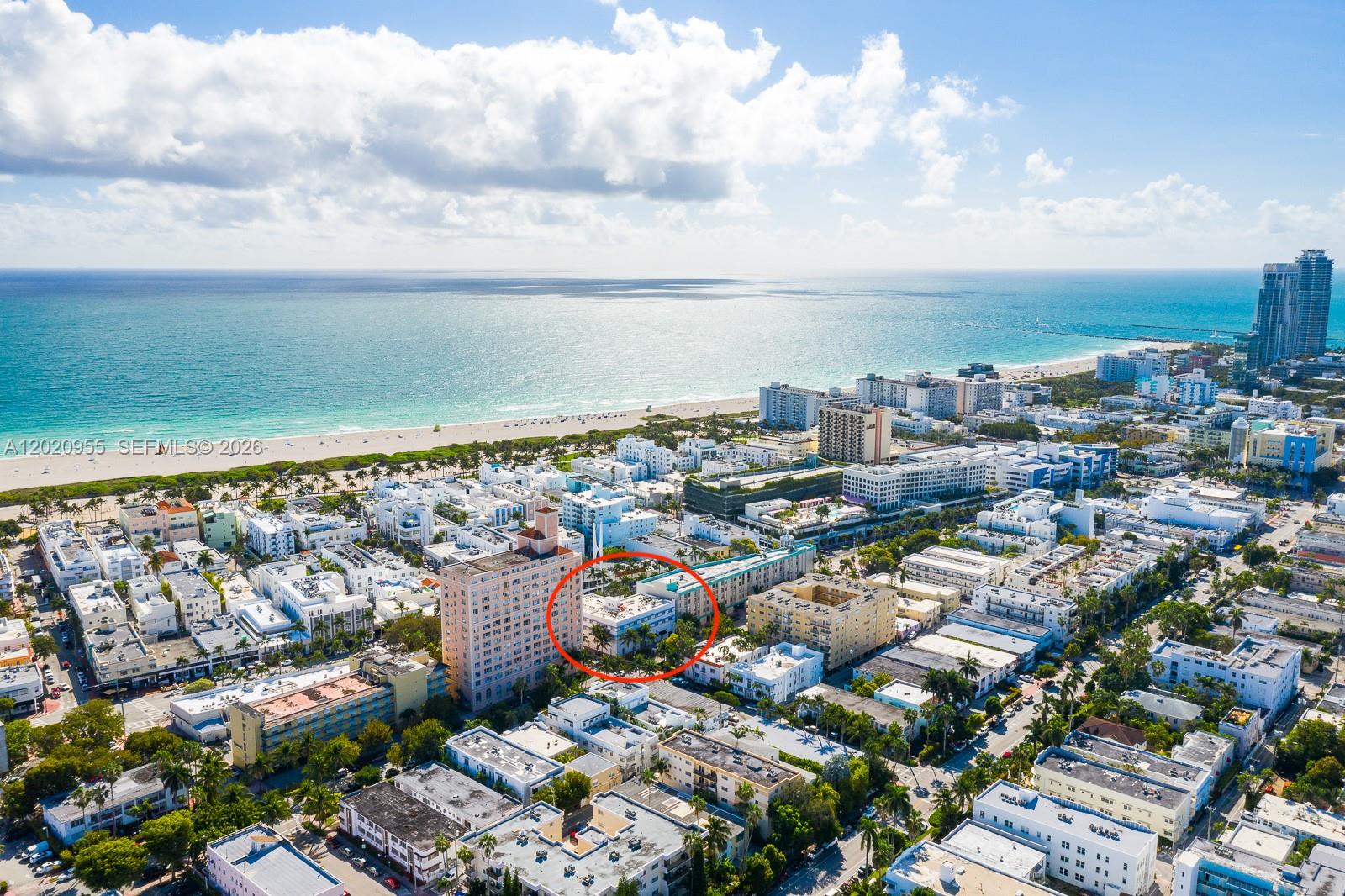 An aerial view shows a multi-story building circled in a residential neighborhood near the beach — 764 Washington Ave # 4, Miami Beach FL 33139, MIAMI BEACH, FL