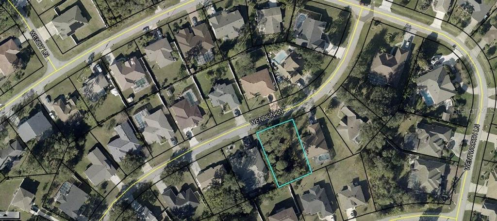This is an aerial map view of a residential neighborhood with a highlighted vacant lot — 24 WENDLIN LANE, PALM COAST, FL