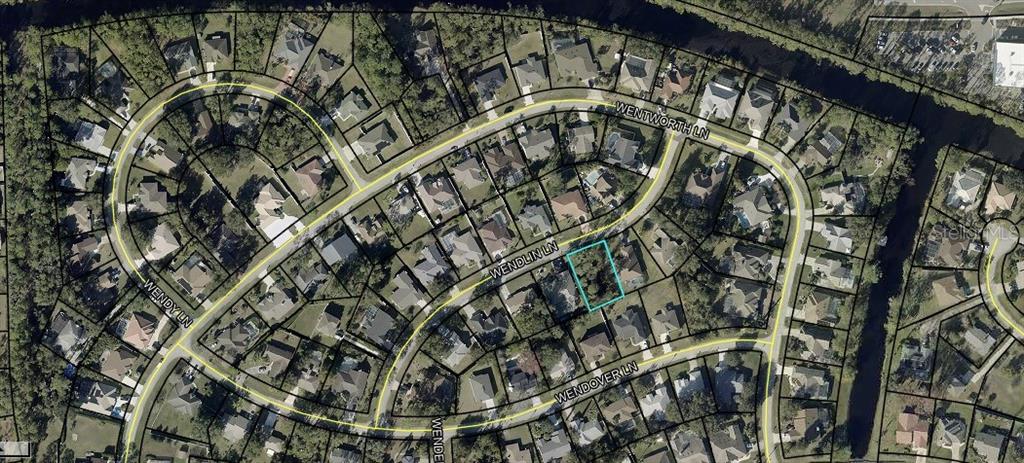 This is an aerial map showing a residential neighborhood with a highlighted vacant lot — 24 WENDLIN LANE, PALM COAST, FL