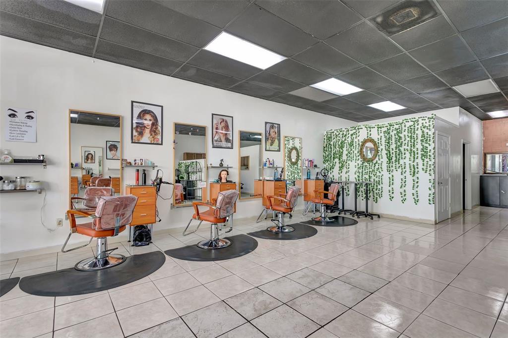 A hair salon features four styling stations with chairs, mirrors, and a decorative vine wall — 1903 E FL 60 UNIT D, VALRICO, FL