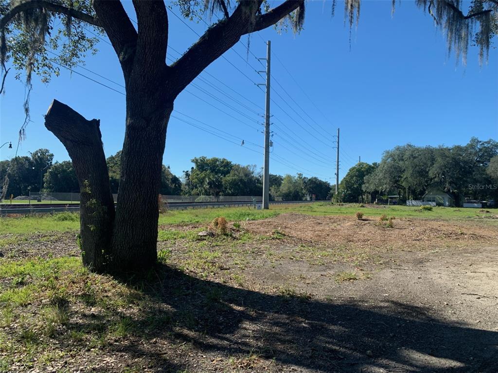 A large tree stands in the foreground of a vacant, grassy lot near railroad tracks — S VERNON AVENUE, KISSIMMEE, FL