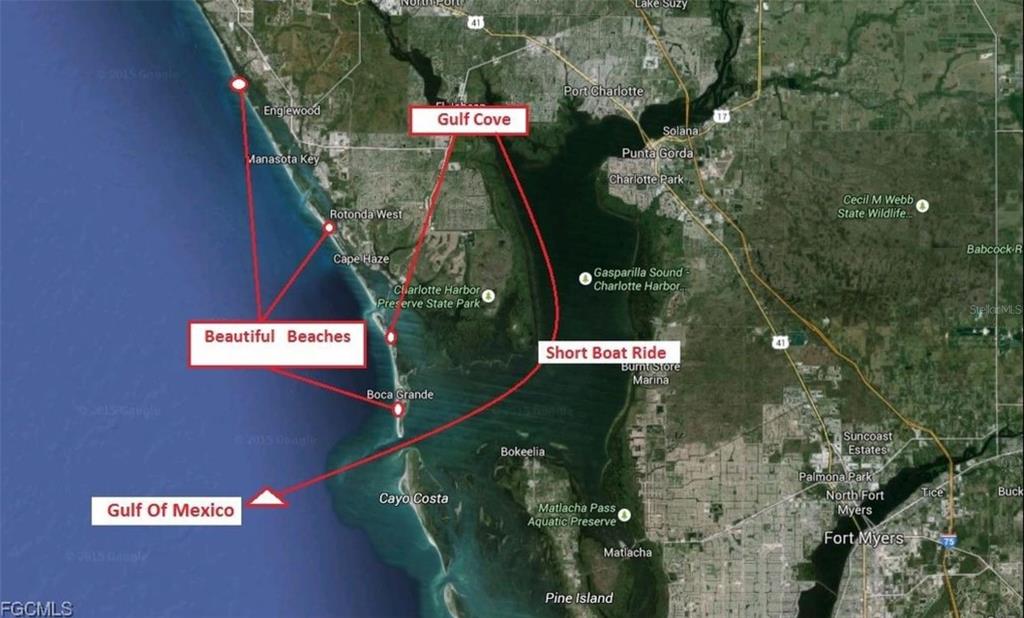 This map shows the location of Gulf Cove in relation to nearby beaches and waterways — 12306 BACCHUS ROAD, PORT CHARLOTTE, FL
