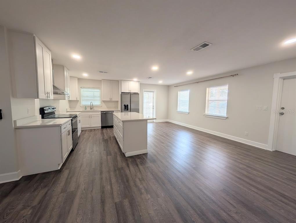 A modern kitchen features white cabinets, stainless steel appliances, a center island, and wood-look flooring — 3902 W PAXTON AVENUE, TAMPA, FL
