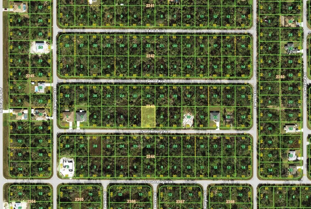 This is a satellite map showing residential land parcels and street layouts — 13358 LEATHERBURY AVENUE, PORT CHARLOTTE, FL