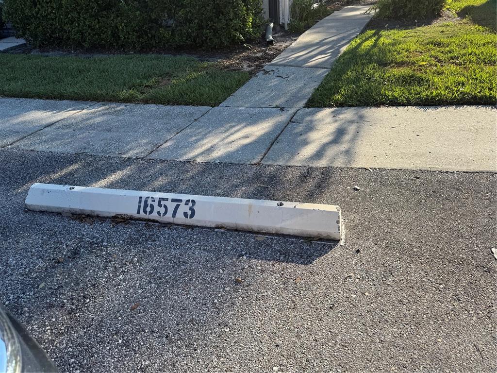 A concrete parking bumper with the number 16573 sits on an asphalt surface near a sidewalk — 16573 BRIGADOON DRIVE, TAMPA, FL