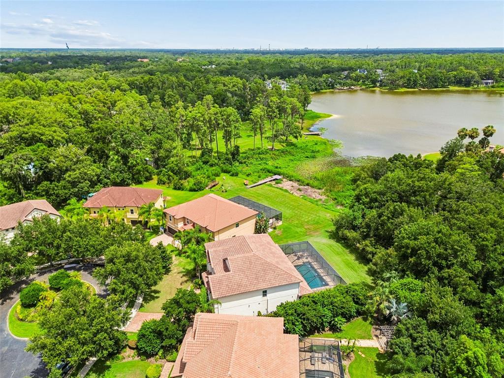 An aerial view shows several houses with swimming pools near a lake and dense forest — 1804 BELLA CASA COURT, TAMPA, FL