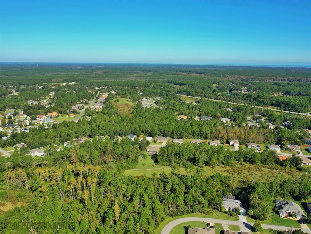 An aerial view shows a residential neighborhood surrounded by dense forest under a clear sky — 37 LEIGHTON LANE, PALM COAST, FL