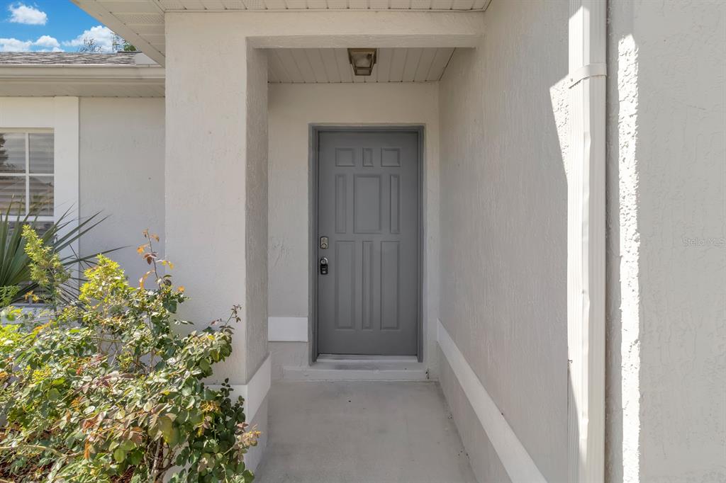 A gray front door is set within a covered entryway with light-colored stucco walls — 1620 GOLDEN POPPY COURT, ORLANDO, FL