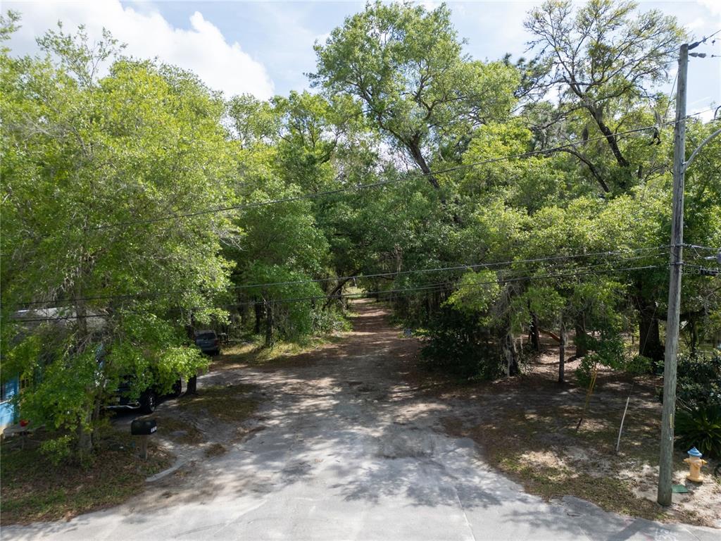 A dirt driveway leads into a wooded area with a paved road in the foreground — E HUBBARD AVENUE, DELAND, FL