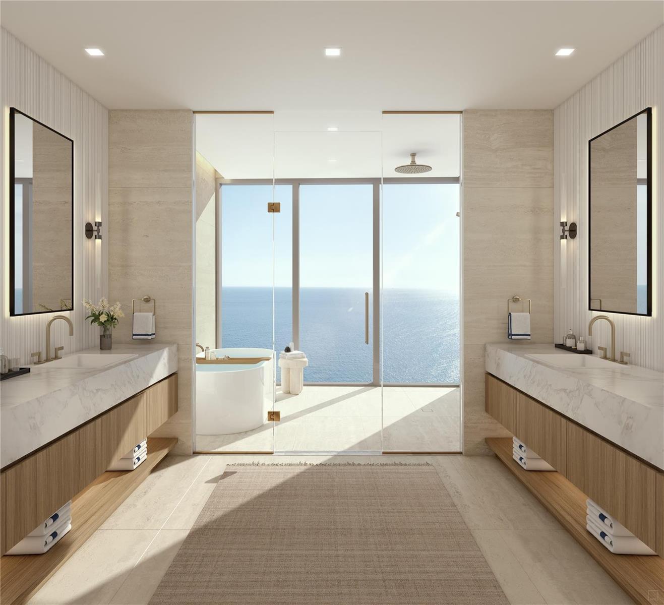 This rendering shows a modern bathroom with dual vanities, marble countertops, and an ocean view — 20 N Ocean Boulevard # 11A, Pompano Beach FL 33062, POMPANO BEACH, FL