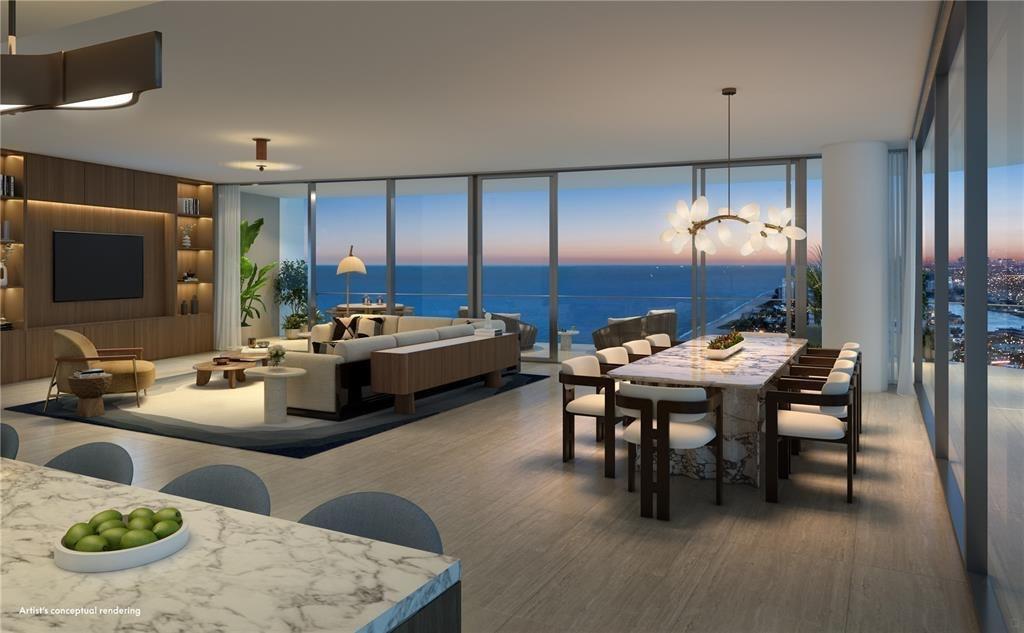 This artist's conceptual rendering shows a modern open-plan living and dining area with ocean views — 20 N Ocean Boulevard # 11A, Pompano Beach FL 33062, POMPANO BEACH, FL
