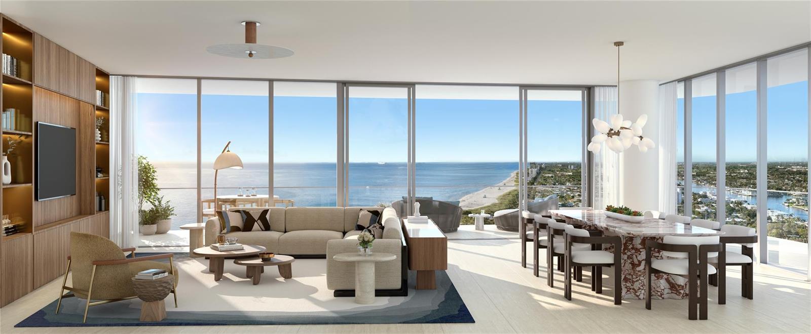 This rendering shows a modern open-concept living and dining area with floor-to-ceiling ocean views — 20 N Ocean Boulevard # 11A, Pompano Beach FL 33062, POMPANO BEACH, FL