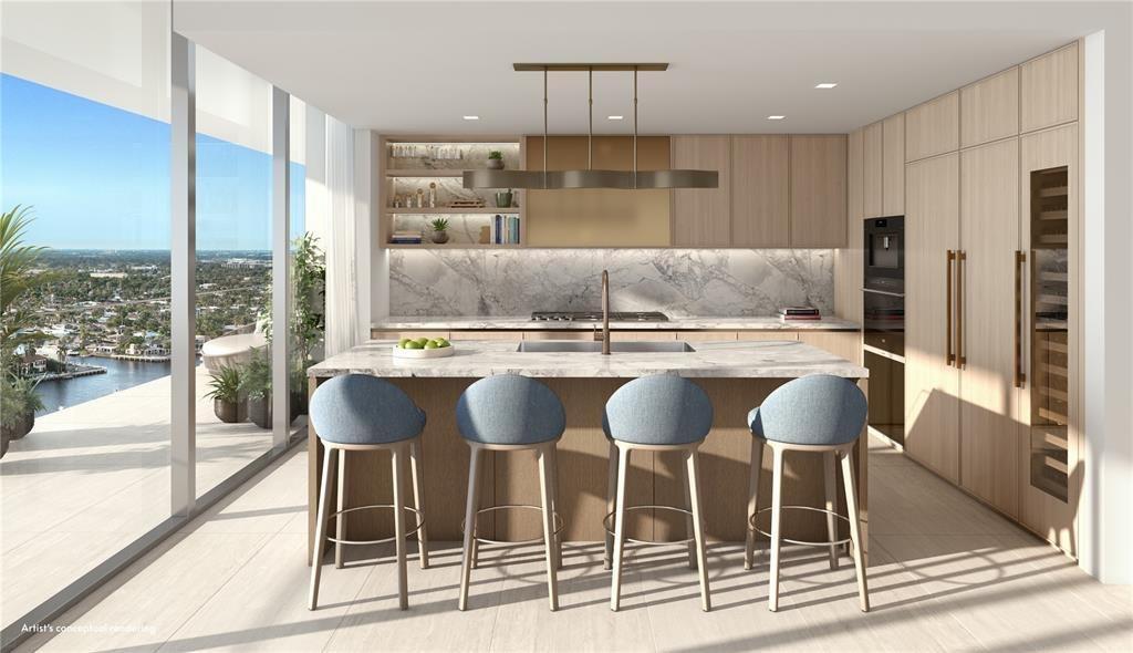 This architectural rendering shows a modern kitchen with a marble island, bar stools, and views — 20 N Ocean Boulevard # 11A, Pompano Beach FL 33062, POMPANO BEACH, FL