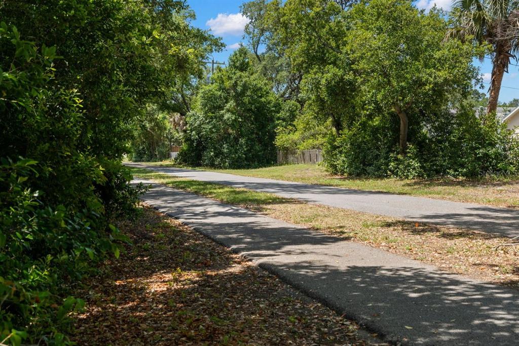 A paved path runs through a wooded area with dense trees and foliage — 1658 DOUGLAS AVENUE, DUNEDIN, FL
