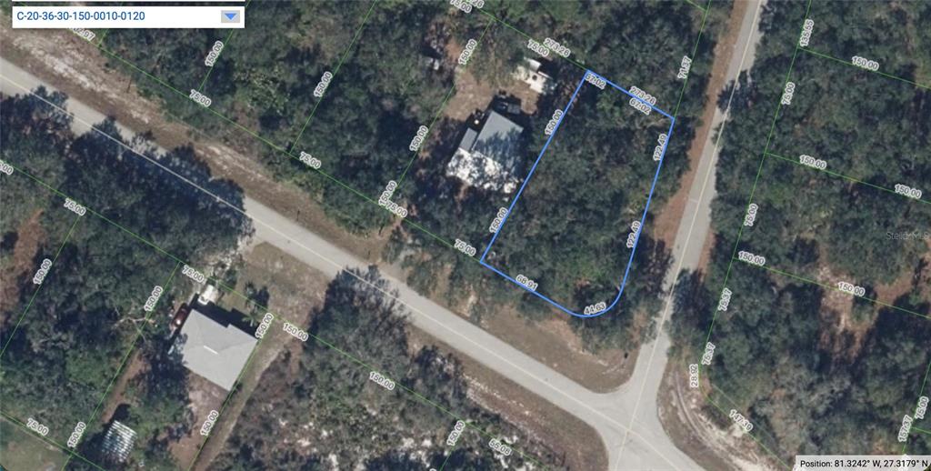An aerial map view shows a vacant, wooded residential lot outlined in blue — 336 PERSHING AVENUE, LAKE PLACID, FL