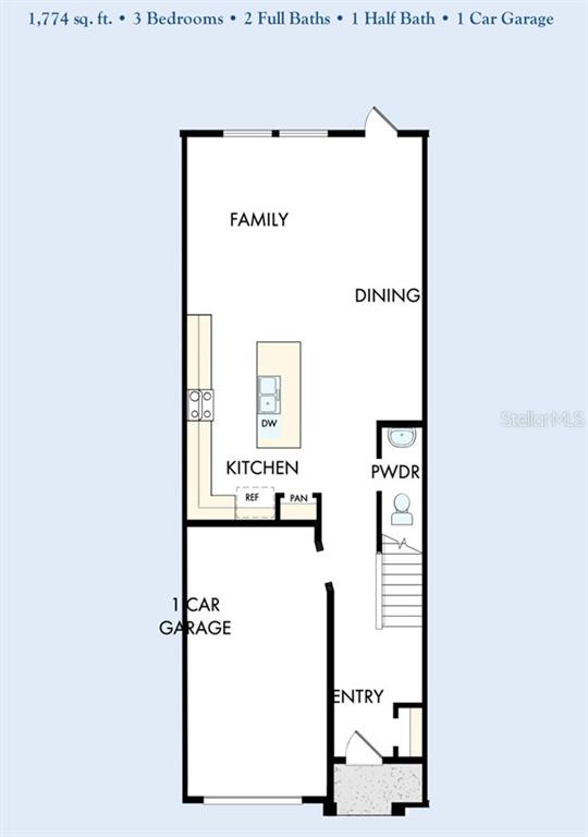 This is a floor plan for the first level of a three-bedroom townhouse — 1140 WILD CREST LANE, DAYTONA BEACH, FL