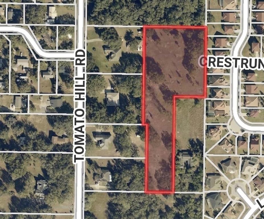 An aerial map shows a vacant, L-shaped parcel of land outlined in red — 0 TOMATO HILL ROAD, LEESBURG, FL