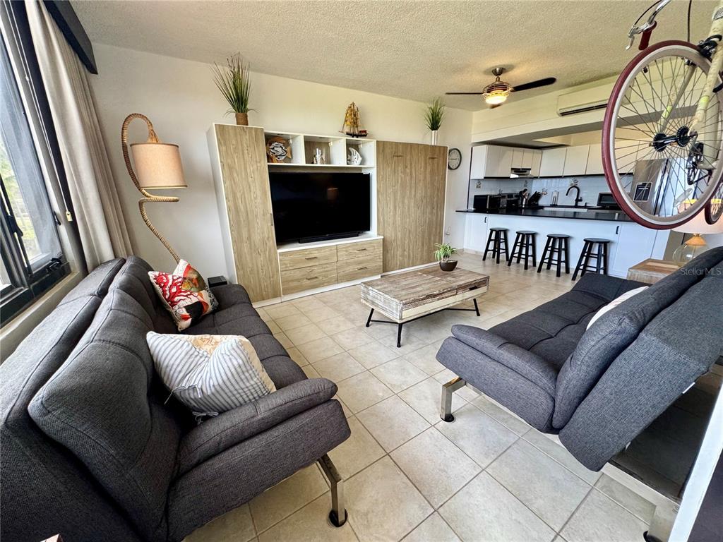 A living room features two gray sofas, a wood media console, and an open kitchen — 222 BEACH VILLAGE UNIT 222, HUMACAO, PR