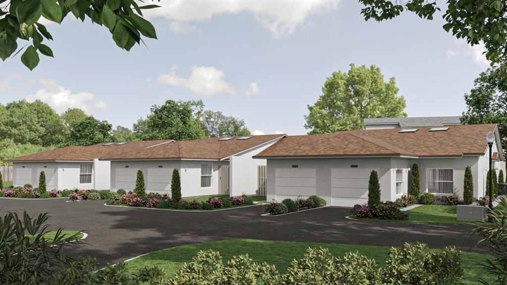 This is a rendering of a row of single-story residential units with attached garages — 1411 OAK PL UNIT B, APOPKA, FL