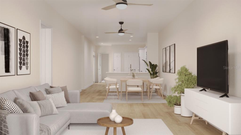 This is a rendering of an open-concept living and dining room with light wood floors — 1411 OAK PL UNIT B, APOPKA, FL
