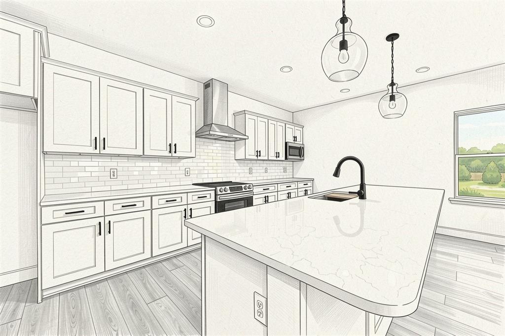 This is a digital rendering of a modern kitchen with white cabinets and a central island — 21135 SW 2ND CIRCLE, NEWBERRY, FL