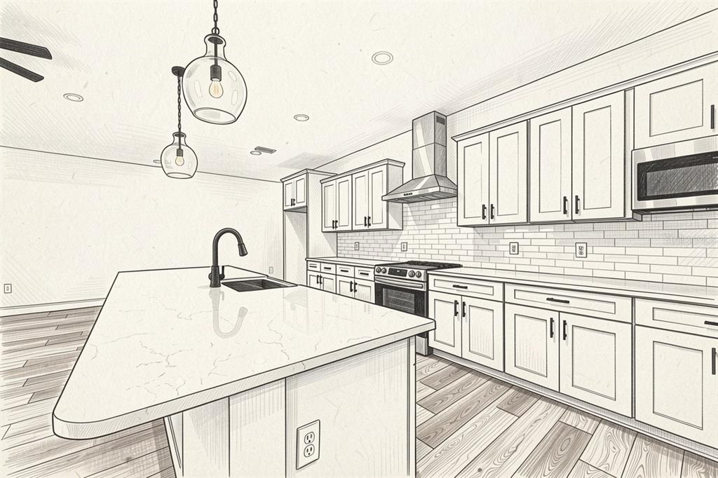 This is a digital rendering of a modern kitchen featuring white cabinets and a central island — 21135 SW 2ND CIRCLE, NEWBERRY, FL