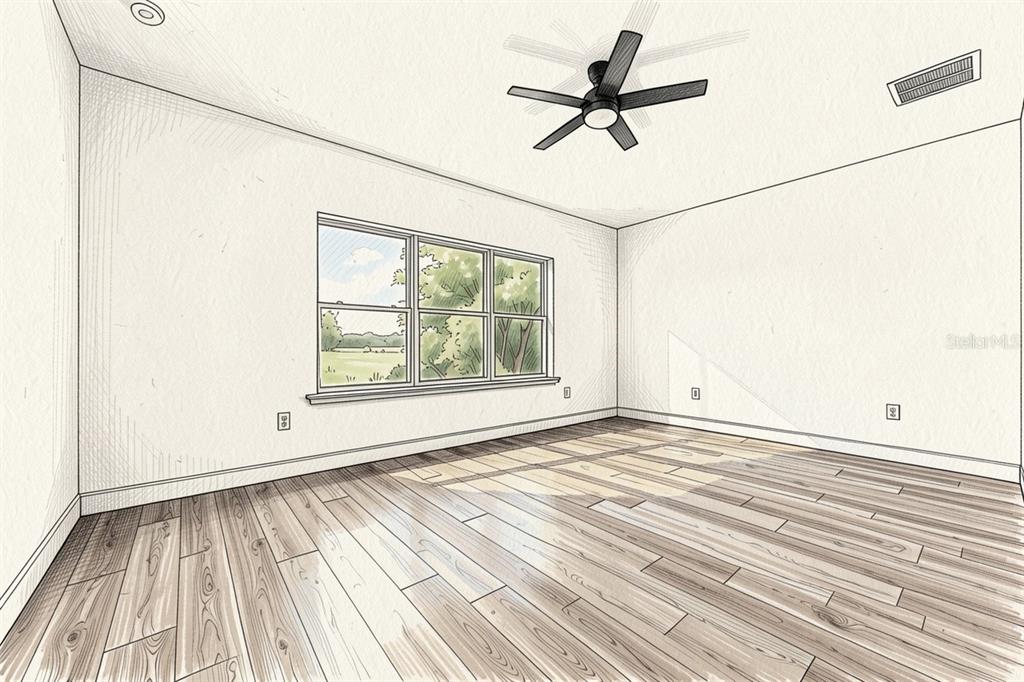 This is a digital rendering of an empty bedroom with wood-look flooring and a ceiling fan — 21135 SW 2ND CIRCLE, NEWBERRY, FL