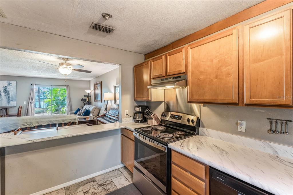A kitchen with wood cabinets and marble-look countertops overlooks a living room with a ceiling fan — 2538 RIO PINAR LAKES BOULEVARD, ORLANDO, FL