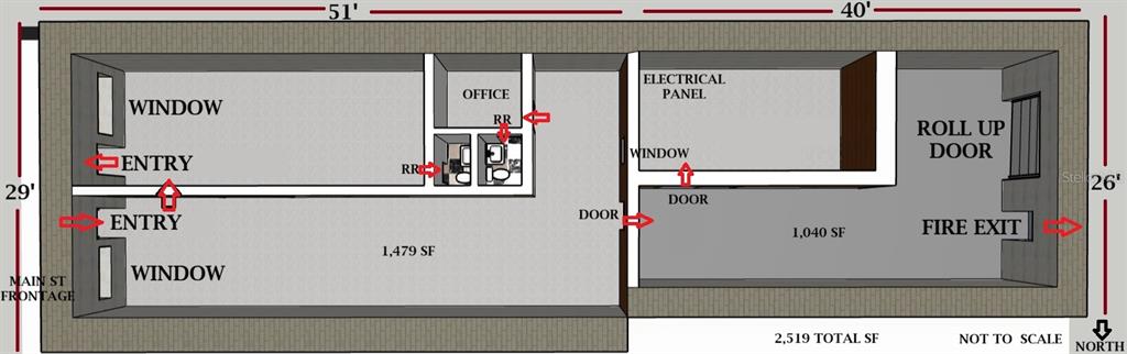 This floor plan shows a commercial space with two main areas, an office, and restrooms — 232 N MAIN STREET, BUSHNELL, FL