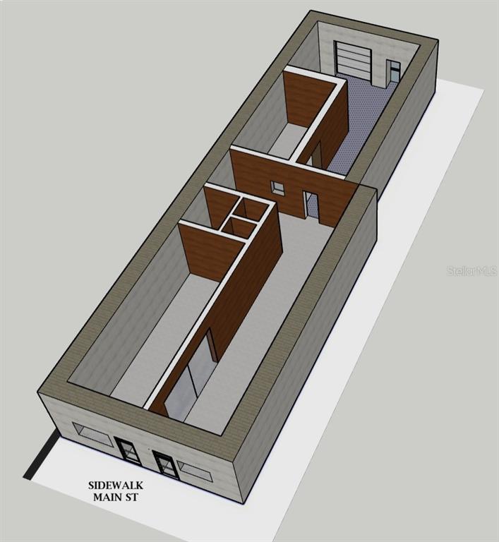 This 3D rendering shows the interior layout of a long, narrow commercial building — 232 N MAIN STREET, BUSHNELL, FL