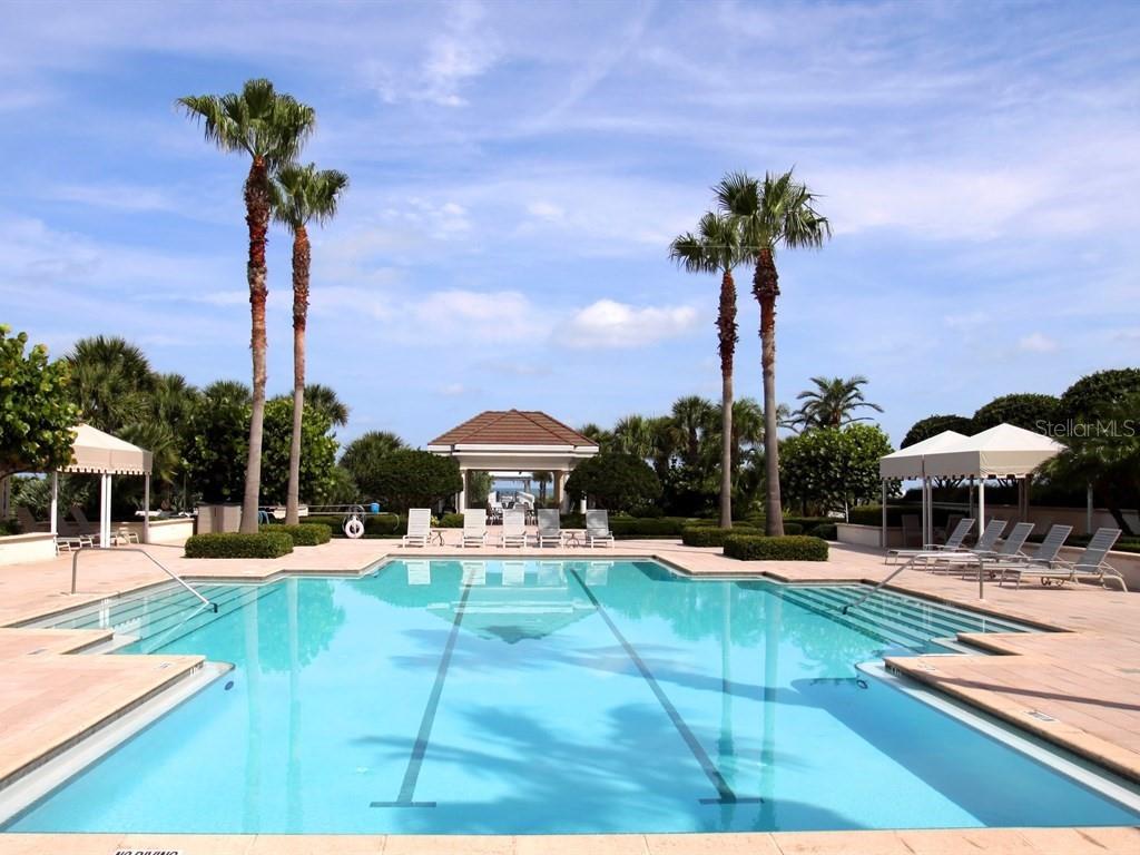 A rectangular swimming pool with lap lanes is surrounded by lounge chairs and palm trees — 1180 GULF BOULEVARD UNIT 606, CLEARWATER BEACH, FL