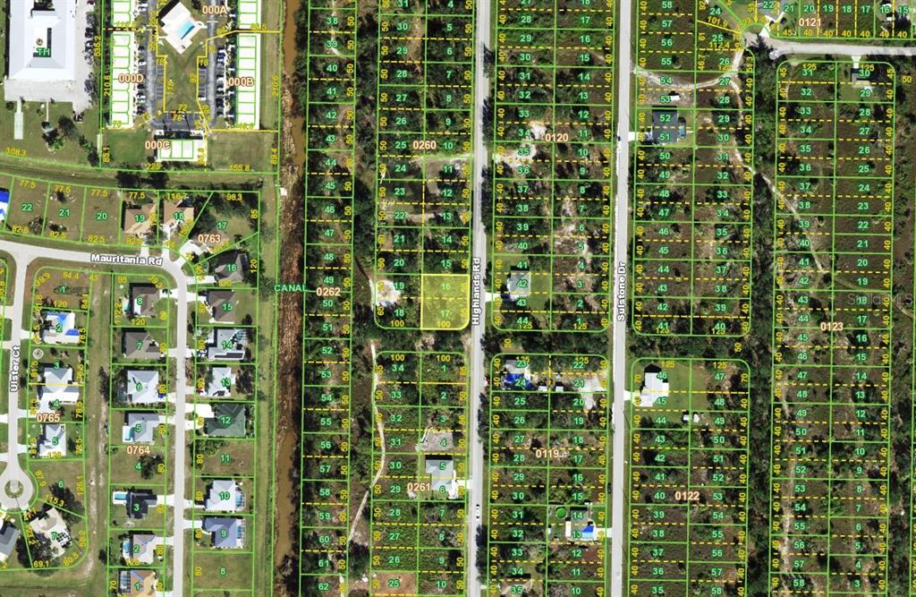 This is a satellite map showing residential lots, streets, and property boundaries — 2121 HIGHLANDS ROAD, PUNTA GORDA, FL