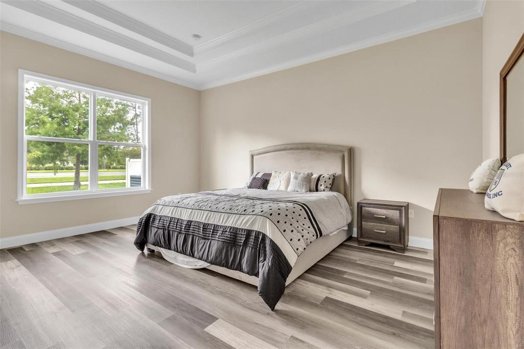 A bedroom features a tray ceiling, light-colored walls, wood-look flooring, and a large window — 10 POINT OF WOODS DRIVE, PALM COAST, FL
