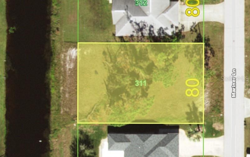 This aerial map shows a vacant residential lot highlighted in yellow along Mariner Lane — 192 MARINER LANE, ROTONDA WEST, FL