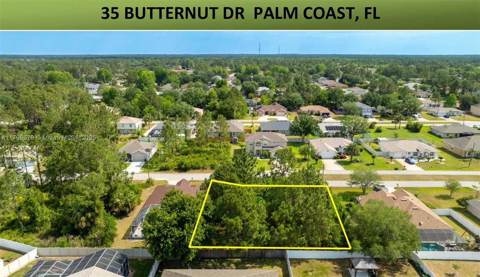 An aerial view shows a vacant, tree-covered residential lot outlined in yellow — 35 Butternut Dr., Palm Coast FL 32137, PALM COAST, FL