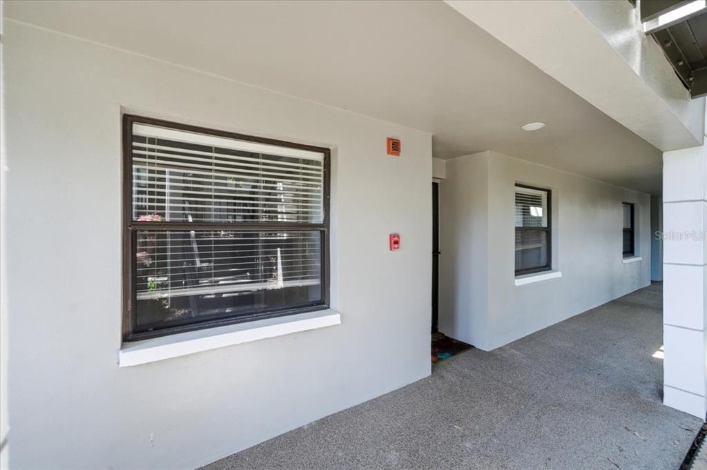 A covered exterior walkway features light gray walls, dark-framed windows, and a textured concrete floor — 3399 MERMOOR DRIVE UNIT 101, PALM HARBOR, FL