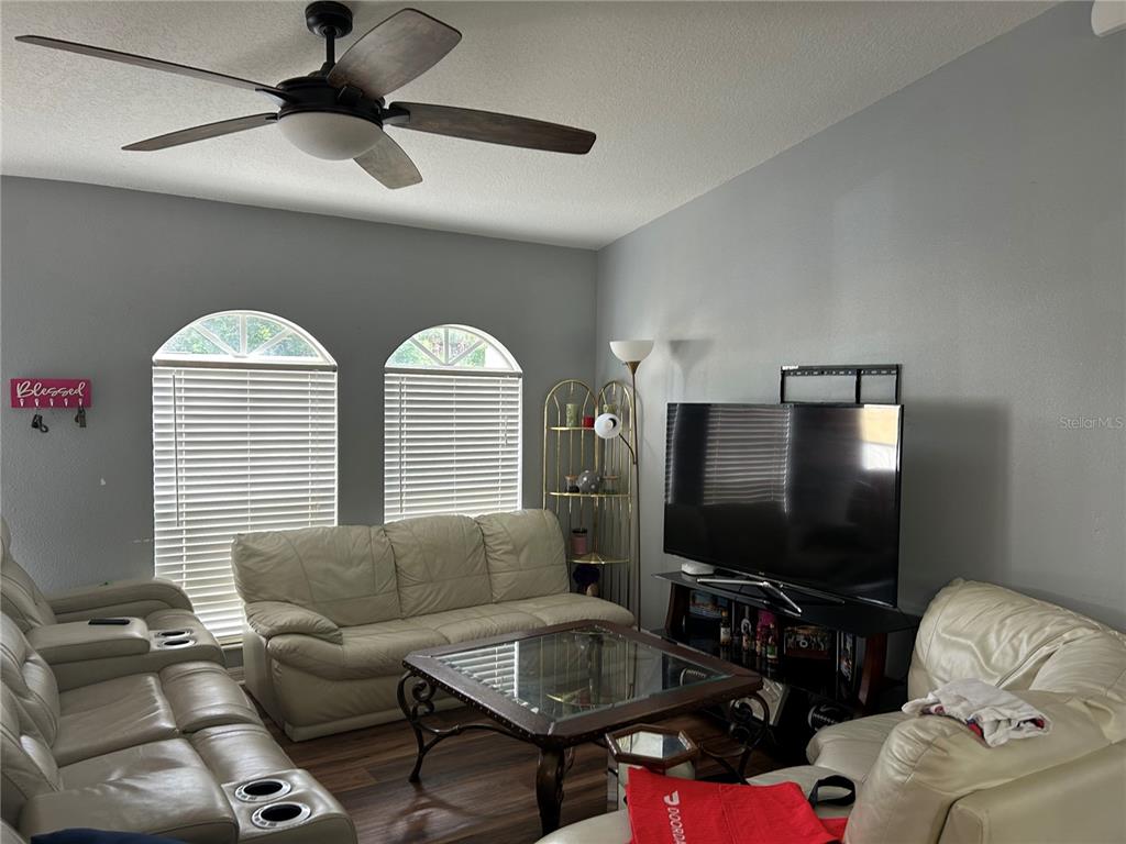 A living room features light gray walls, a ceiling fan, two arched windows, and leather furniture — 10013 OSLIN STREET, TAMPA, FL