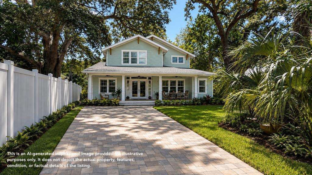 This is an AI-generated rendering of a two-story house with a paved driveway and lawn — 1145 NEWTON AVENUE S, ST PETERSBURG, FL