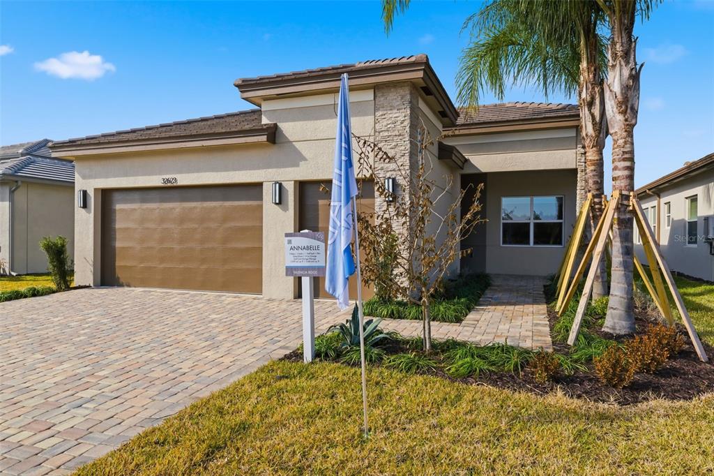 A single-story house with a tan stucco exterior, stone accents, and a paved driveway — 32623 NEROLI STREET, WESLEY CHAPEL, FL