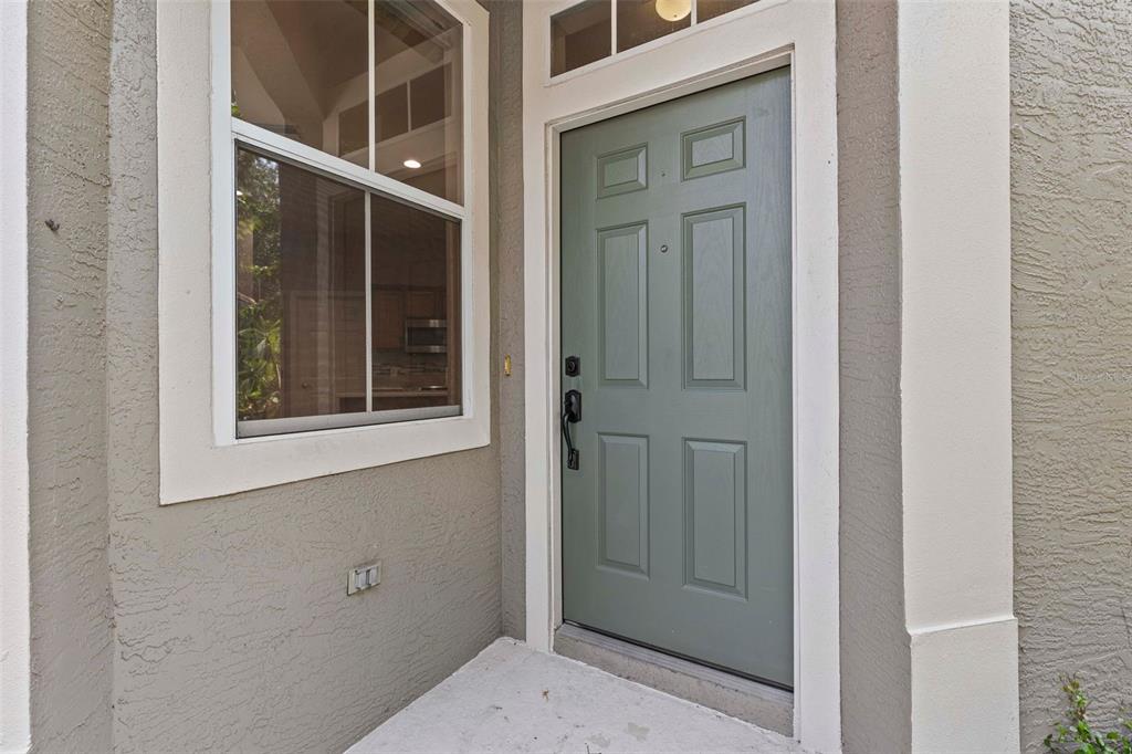 A sage green front door sits beside a window on a beige stucco exterior — 3350 COVERED BRIDGE DRIVE W, DUNEDIN, FL