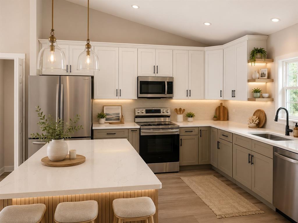 A kitchen features white upper cabinets, taupe lower cabinets, a central island, and stainless appliances — 10048 N BLYER WAY, CITRUS SPRINGS, FL