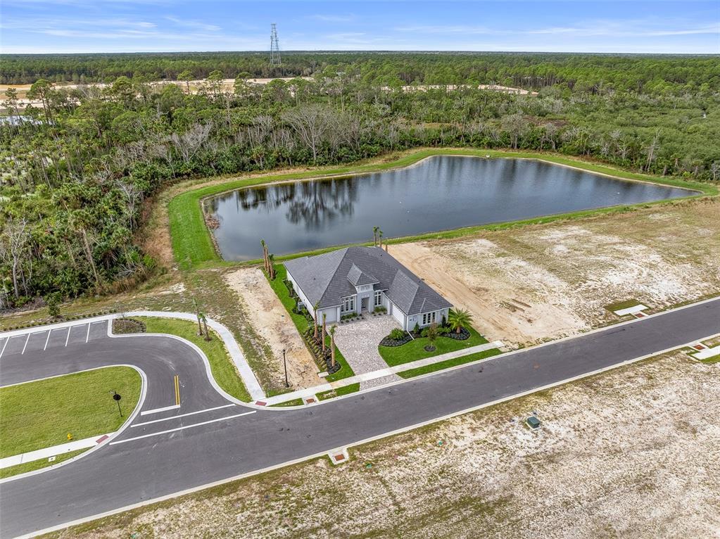 An aerial view shows a single-story house situated next to a pond and woods — 29 CORONADO ROAD, FLAGLER BEACH, FL