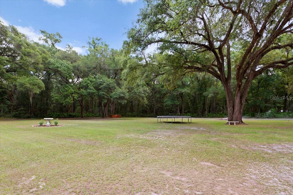 A large, grassy backyard features a trampoline, a birdbath, and several mature oak trees — 16221 SW 67TH PLACE, ARCHER, FL
